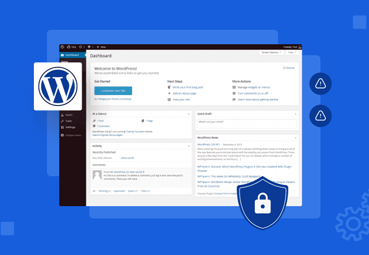 WordPress yönetim panelinde güvenlik eklentisi ekranı ve koruma kalkanı simgesi