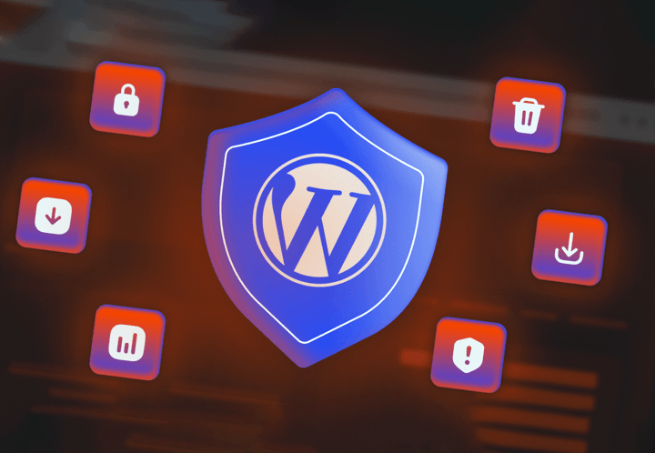 Tehdit simgeleriyle çevrili WordPress logolu güvenlik kalkanı görseli