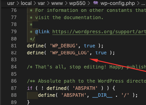 Wp config php dosyasında WP DEBUG ve WP DEBUG LOG satırlarının bulunduğu kod ekranı