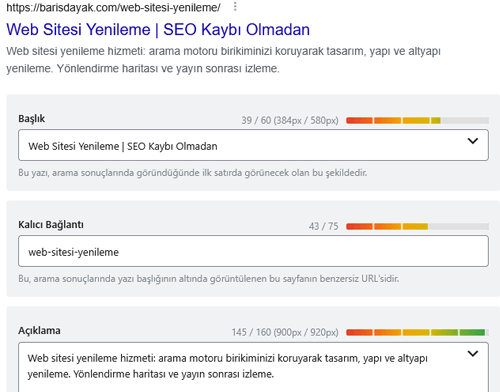 Bir sayfanın başlık, kalıcı bağlantı ve meta açıklama alanlarının karakter sayacıyla birlikte görünümü