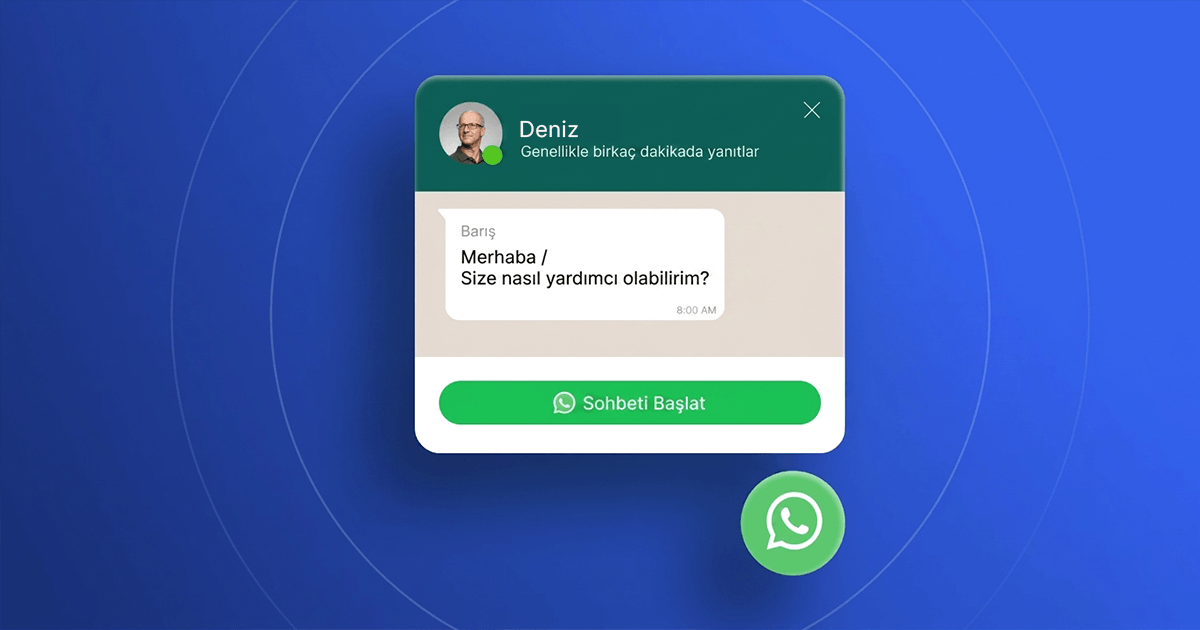 WhatsApp entegrasyonu; sohbet başlatma kartı ve yüzen WhatsApp butonu gösteren arayüz