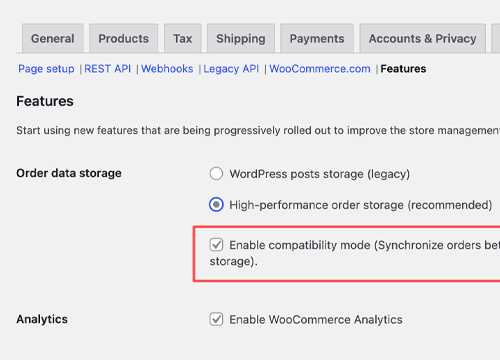 WooCommerce özellikler ekranında sipariş veri depolama seçenekleri ve uyumluluk modu kutusu